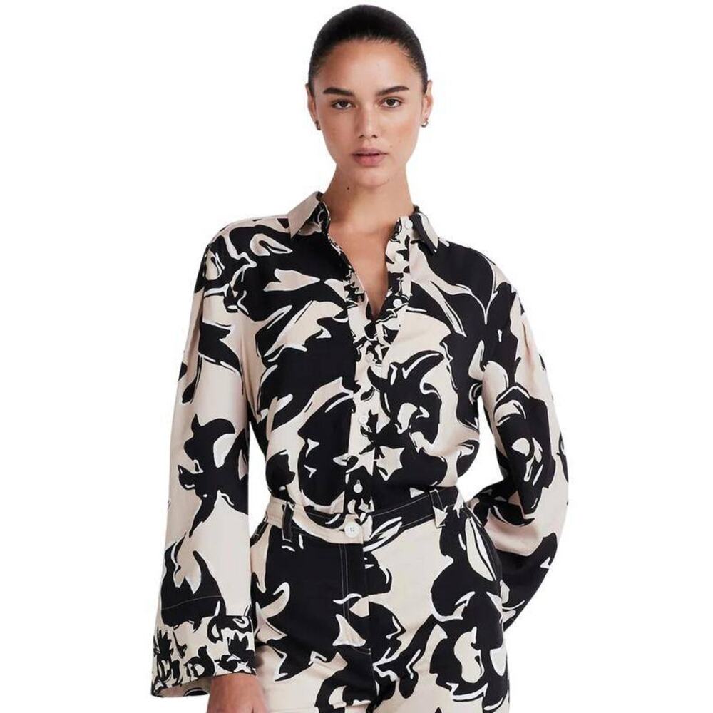 Derek Lam Black Ivory Abstract Print Tencel Button Down Blouse US M Resort Chic - Picture 3 of 6